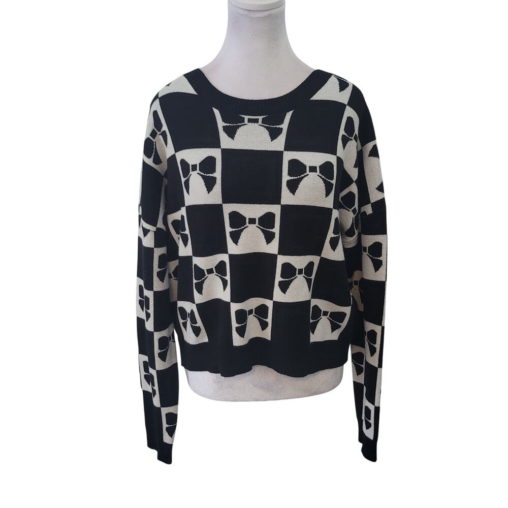 Luna Ivy Size M Bow Checkered Crewneck Sweater‎ Black White